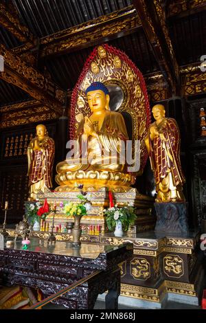 Buddhistischer Schrein mit goldenem Buddha auf Thronsitz im Saal von Sakyamuni im berühmten Daci'en Tempel im Yanta-Viertel von Xi'an. China. VR CHINA. (125) Stockfoto