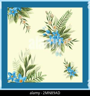 Quadratisches Blumenmuster für den Seidenschal, Textildruck, Vektorgrafik. Stock Vektor