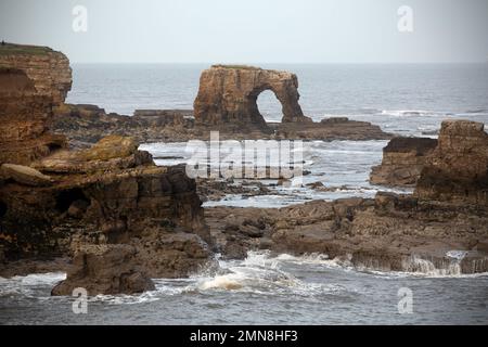 Felsformationen im Meer in der Nähe des Souter Lighthouse. The Pub Walk in South Shields, County Durham - vom Marine Walk Car Park in Roker bis Trow Point On Stockfoto