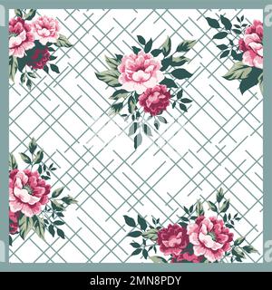 Quadratisches Blumenmuster für den Seidenschal, Textildruck, Vektorgrafik. Stock Vektor