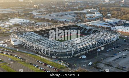 Ein Luftblick auf den Pride Park vor diesen Abenden das Emirates FA Cup Spiel der vierten Runde Derby County vs West Ham United im Pride Park Stadium, Derby, Großbritannien, 30. Januar 2023 (Foto von Mark Cosgrove/News Images) Stockfoto