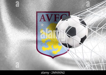 UEFA Champions League 2023, Aston Villa Flagge mit einem Fußball im Netz, UEFA Wallpaper, 3D Werk und 3D Bild. Eriwan, Armenien - 2023. Januar 27 Stockfoto