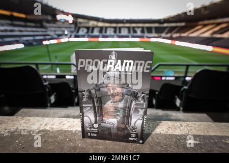 Dieses abendliche Spielprogramm während des Emirates FA-Pokalspiels in der vierten Runde Derby County vs West Ham United im Pride Park Stadium, Derby, Großbritannien, 30. Januar 2023 (Foto von Mark Cosgrove/News Images) Stockfoto