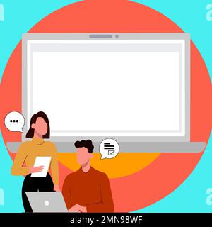 Mann sitzt am Tisch mit Laptop. Eine Frau, die neben dem Computer steht. Leute, die über die neuesten Nachrichten reden. Großer weißer Texthalter auf farbigem Hintergrund Stock Vektor