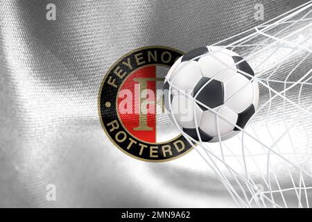 UEFA Champions League 2023, Fahne Feyenoord mit einem Fußball im Netz, UEFA-Hintergrundbild, 3D Arbeit und 3D Bild. Eriwan, Armenien - 2023. Januar 27 Stockfoto