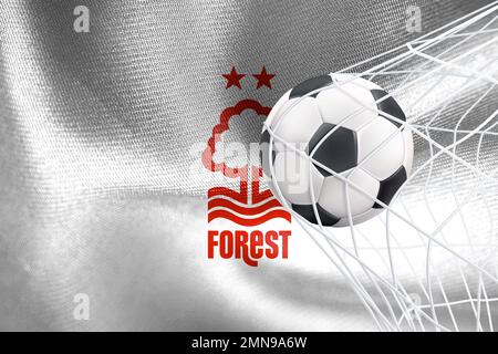 UEFA Champions League 2023, Nottingham Forest F.C. Flagge mit einem Fußball im Netz, UEFA Wallpaper, 3D Arbeit und 3D Bild. Eriwan, Armenien - 2023. Januar Stockfoto