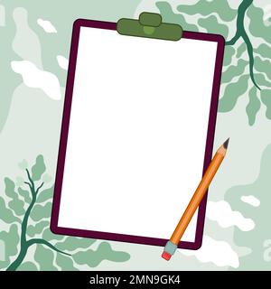 Papierbogen mit Text auf hellem farbigem Hintergrund. Bleistift zeichnet die Hauptbotschaft. Das Notebook enthält wichtige Informationen. Leerer Platz Für Stock Vektor