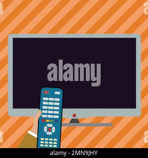 Abbildung mit Fernseher und Fernbedienung in der Hand. Wichtige Informationen auf dem Bildschirm. Monitor enthält Hauptmeldung. Anzeige auf heller Farbe Stock Vektor
