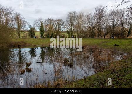 Gallows Hill Nature Reserve am Teich im Winter, Otley in West Yorkshire, Englan, mit Gruppen von Menschen, die sich mit Hunden und Kindern unterhalten Stockfoto