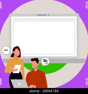 Mann sitzt am Tisch mit Laptop. Eine Frau, die neben dem Computer steht. Leute, die über die neuesten Nachrichten reden. Großer weißer Texthalter auf farbigem Hintergrund Stock Vektor