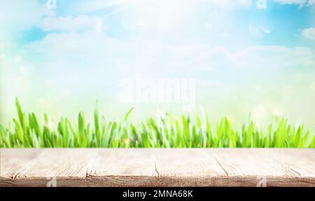 Holztisch und verwackelter grüner Frühlings- oder Sommerhintergrund. Natürlicher Osterhintergrund mit Kopierbereich. Stockfoto