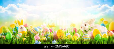 Ostereier, Hase und Frühlingsblumen auf der Wiese. Osterkonzept. Frühling oder Sommer Hintergrund mit frischem Gras auf blauem Himmel Hintergrund mit Kopierfläche. Stockfoto