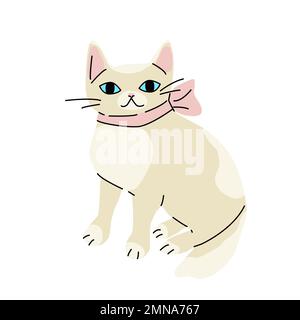 Abbildung einer süßen beigen Katze mit pinkfarbener Schleife am Hals, sitzend und lächelnd Stock Vektor