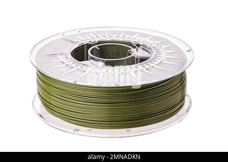 Draht für 3D-Druckrolle. Filament-Thermoplast für 3D-Druck isoliert auf weißem Hintergrund. Stockfoto