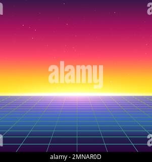 Synthwave Retro Landscape im Stil der 80er Jahre. Grafik Für Retro Wave Musik. Albumcover. Skyline-Design aus dem Jahr 1984. 3D VR futuristische Illustration für Print. Stock Vektor