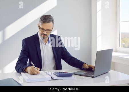 Reifer Geschäftsmann, der im Büro an einem Laptop arbeitet Stockfoto