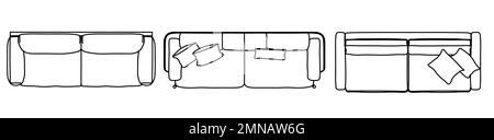 Konzept oder konzeptionelles Set oder Sammlung von Zweisitzersofas aus verschiedenen Perspektiven auf Weiß. 3D-Darstellung als Metahor für Architektur und in Stockfoto