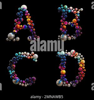 3D-Wiedergabe von farbigen Punktalphabeten – Buchstaben A bis D. Stockfoto