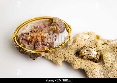 Goldschmuck mit Silber und Stein, Schmuckkonzept, Schmuck auf weißem Hintergrund Stockfoto