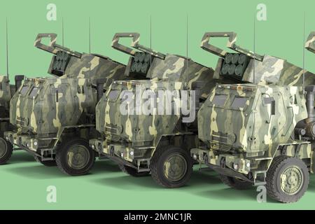 3D Render mlrs Himars High Mobility Artillery Rocket System Landpachtverträge für die ukraine auf farbigem Hintergrund Stockfoto