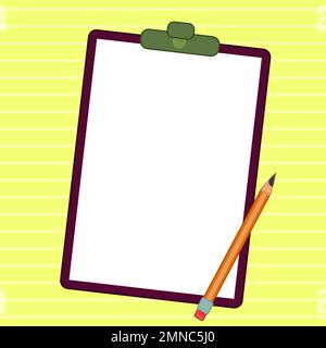 Papierbogen mit Text auf hellem farbigem Hintergrund. Bleistift zeichnet die Hauptbotschaft. Das Notebook enthält wichtige Informationen. Leerer Platz Für Stock Vektor