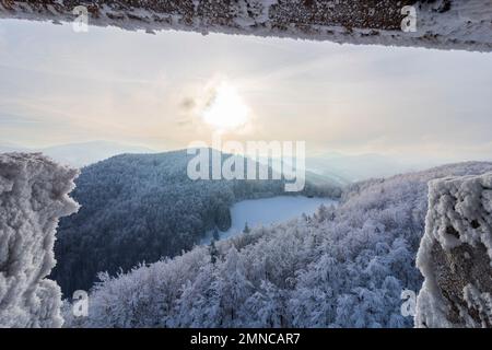 Kaumberg: Blick vom Turm des Schlosses Araburg, Blick auf die Gutenstein-Alpen, Schnee im Mostviertel, Niederösterreich, Niederösterreich, Österreich Stockfoto