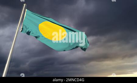 Wunderschöne Palau-Flagge auf dunklen Wolken im Hintergrund - abstrakte 3D-Abbildung Stockfoto