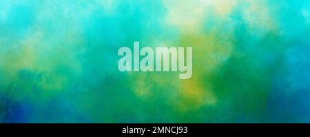 Abstrakter blaugrüner und gelber Hintergrund helle Farbe grungy Nebel Banner Textur mit Nebelschleier oder Rauchmuster im kreativen Kopfzeilendesign Element Stockfoto