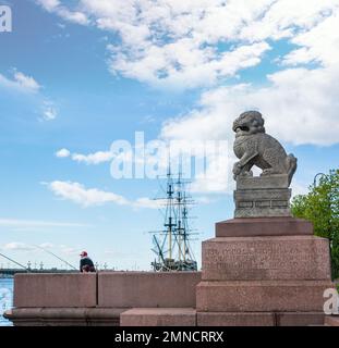 ST. PETERSBURG, RUSSLAND - 30. MAI 2017: Zwei mythologische Wächterlöwen aus Granit installiert am Petrowskaya Embankment in St. Aus Petersburg, Shi-Tzu Stockfoto