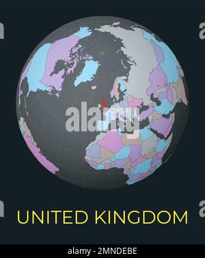 Weltkarte im Zentrum des Vereinigten Königreichs. Rotes Land hervorgehoben. Satellitenansicht der Welt mit dem Namen des Landes. Vektorabbildung. Stock Vektor