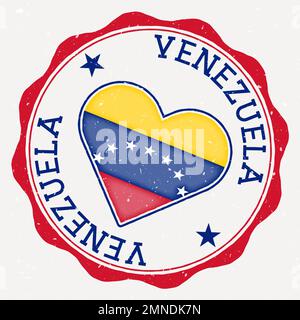 Logo der venezolanischen Herzflagge. Text mit Ländernamen um die Flagge Venezuelas in Herzform. Kühle Vektordarstellung. Stock Vektor