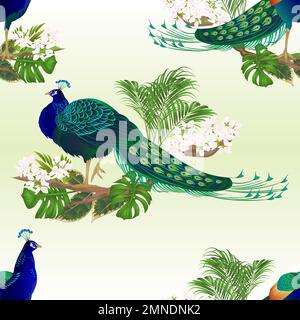 Nahtlose Textur zwei Gipfel Schönheit exotische Vögel und tropische Blumen Aquarell Naturalvintage Vektor Illustration editierbar handgezeichnet Stock Vektor