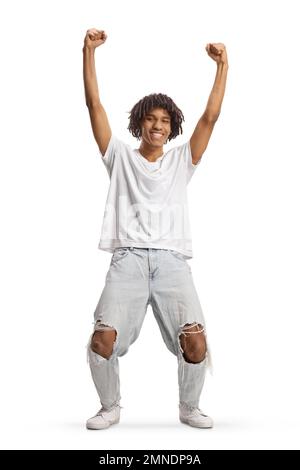 Das Porträt eines jungen afroamerikanischen Mannes mit Dreadlocks, die das Glück auf weißem Hintergrund zeigen Stockfoto