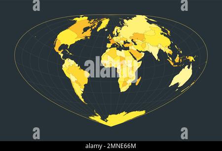 Weltkarte. Bottomley-Projektion. Futuristische Weltanschauung für deine Infografik. Leuchtend gelbe Landfarben. Kreative Vektordarstellung. Stock Vektor