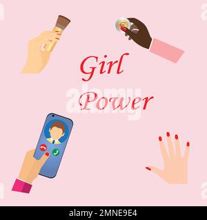 Weibliche Hände mit verschiedenen Hautfarben, die verschiedene Objekte und die SMS-Girl-Macht halten Stock Vektor