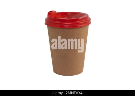 Einweg-Kaffeetasse aus Papier isoliert auf weißem Hintergrund (Nahaufnahme) Stockfoto