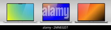 Ein Satz realistischer Laptops mit Farbbildschirmen auf einem grauen verlaufenen Hintergrund. Stock Vektor