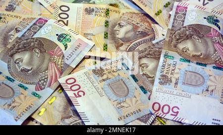 Hintergrund aus polnischen Banknoten (polnischer Zloty). Stockfoto