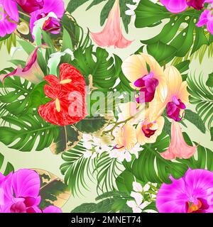 Nahtloses Bouquet mit tropischen Blumen Blumenarrangements violette und gelbe Orchideen Phalaenopsis, Lilien Cala und Anthurium Palm Philodendron Stock Vektor