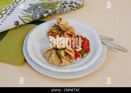 Schwäbische Küche, vegetarisch, Überraschung, Flaedle mit Gemüse auf dem Teller, gefüllte Flaedle, herzhafte Pfannkuchen, Deutschland Stockfoto