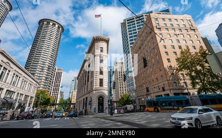 Times Square Building, Wolkenkratzer und Downtown, Seattle Center, Seattle, Washington, USA Stockfoto