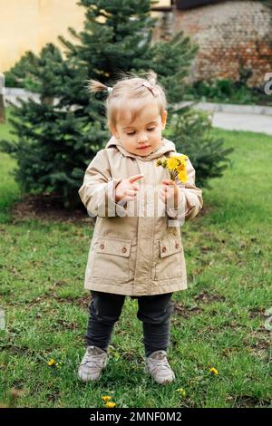 Ein kleines Kleinkindermädchen im Trenchcoat pflückt im Frühlingsgarten gelbe Löwenzahne. Süßes kleines Mädchen, das die einfachen Freuden der Kindheit genießt und Stockfoto