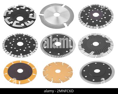 Circilar Sägeblätter für Holzmetall- und Steinarbeiten isoliert auf weißem Hintergrund Stockfoto