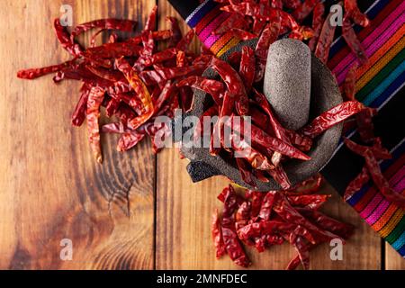 Chile de Arbol. Dieses starke mexikanische Chili kann frisch, pulverisiert oder getrocknet für die Salsa-Zubereitung und eine Vielzahl mexikanischer Gerichte verwendet werden. Stockfoto