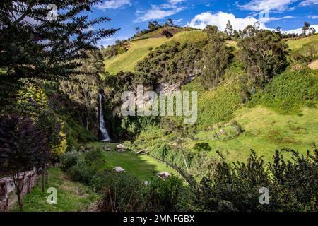 Paluz-Wasserfall in der Umgebung der Stadt San Gabriel, Provinz Carchi, wunderschöner Wasserfall inmitten der Andenvegetation Stockfoto