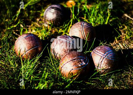 Petanque (Boule)-Bälle in grünem Gras Stockfoto