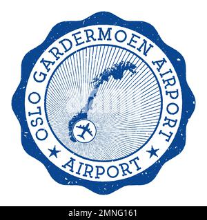 Flughafen Oslo Gardermoen. Rundes Logo des Flughafens Oslo mit Standort auf der Karte Norwegens, gekennzeichnet durch Flugzeug. Vektordarstellung. Stock Vektor