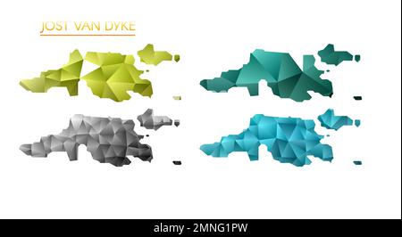 Satz von polygonalen Vektorkarten von Jost Van Dyke. Helle Gradientenkarte der Insel im niedrigen Poly-Stil. Mehrfarbige Karte von Jost Van Dyke im geometrischen Stil für Stock Vektor