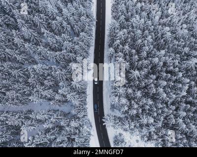 Schneebedeckte Bäume im Wald und Autos an der Straßenlinie in den Bergen. Winterlandschaft in den Bergen. Panoramafoto der Luftdrohne. Stockfoto