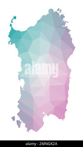 Polygonale Karte von Sardinien. Geometrische Darstellung der Insel in Smaragd- und Amethystfarben. Sardinien Karte im niedrigen Poly-Stil. Stock Vektor